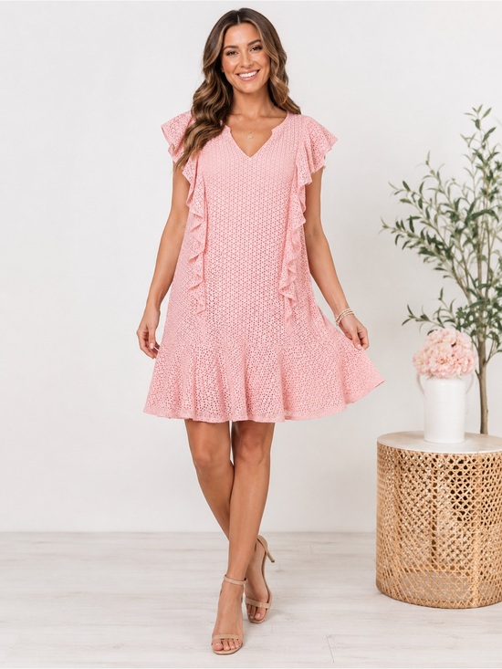 Roz & Ali Dresses & Skirts - Roz‎ & Ali Blush Pink Eyelet Ruffle Dress Flutter Sleeve A-Line Large XL